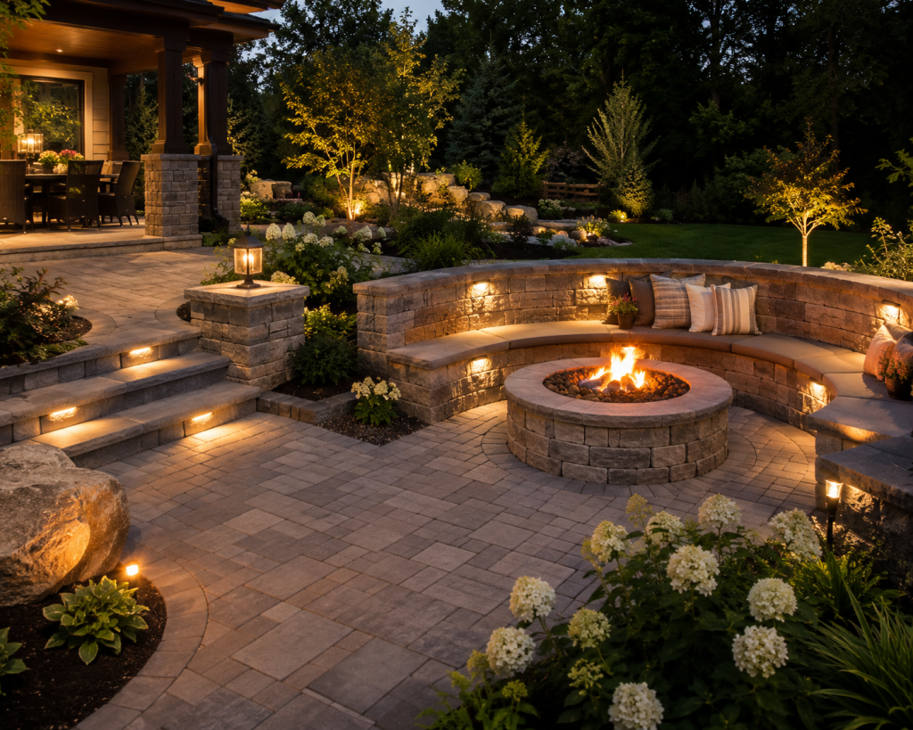Hardscaping investment with paver patio, stone retaining wall, and fire pit in Michigan