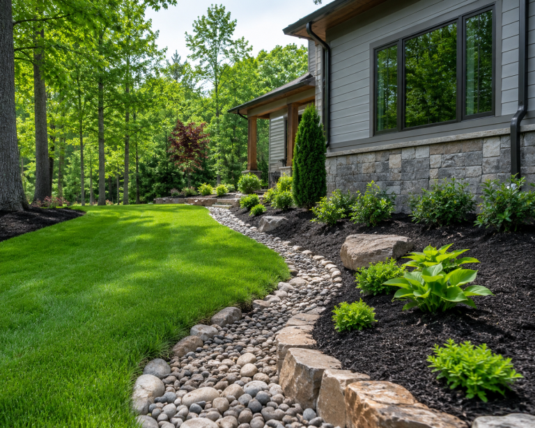 Proper grading and river rock drainage channel protecting a Michigan yard