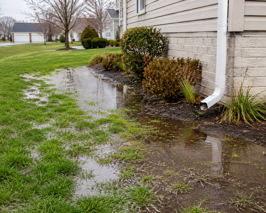 Standing water and yard drainage problems near downspout in Michigan lawn