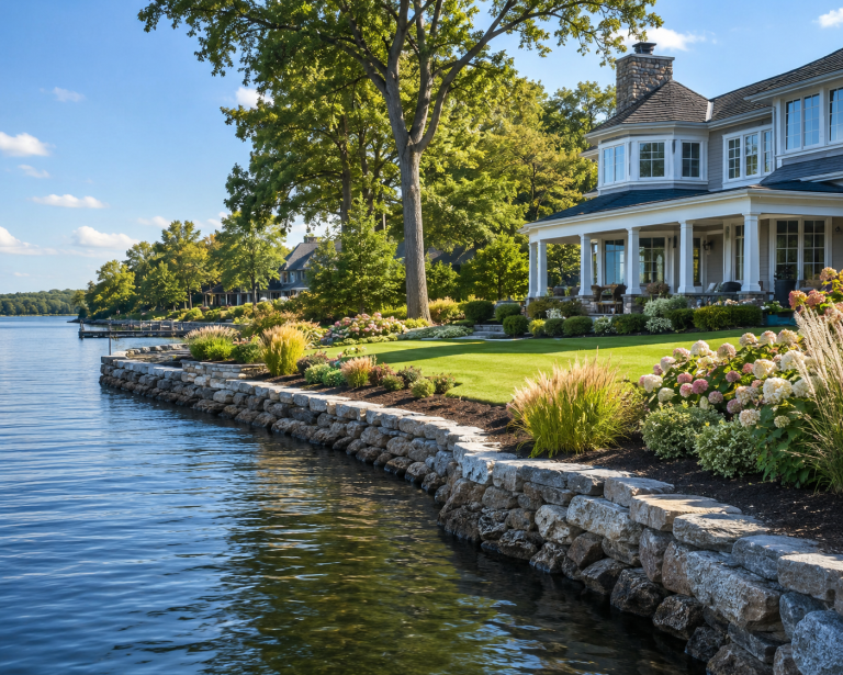 Beautiful seawall landscaping along a waterfront property with rock beds, lawn, and lush trees