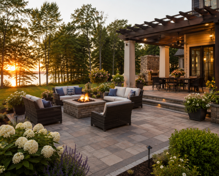 Patio design ideas featuring custom stone pavers and outdoor seating