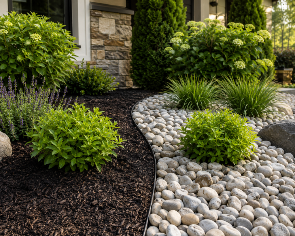 Rock vs mulch comparison for flower beds in Michigan landscape