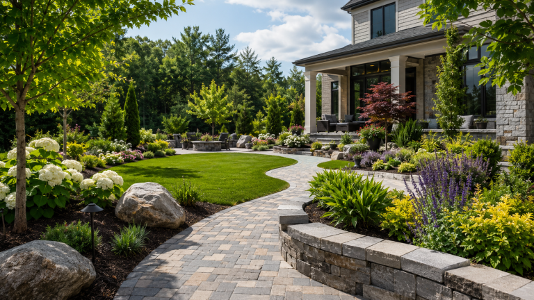 A combination of softscape and hardscape featuring a paver patio walkway, lush lawn, and stone retaining wall